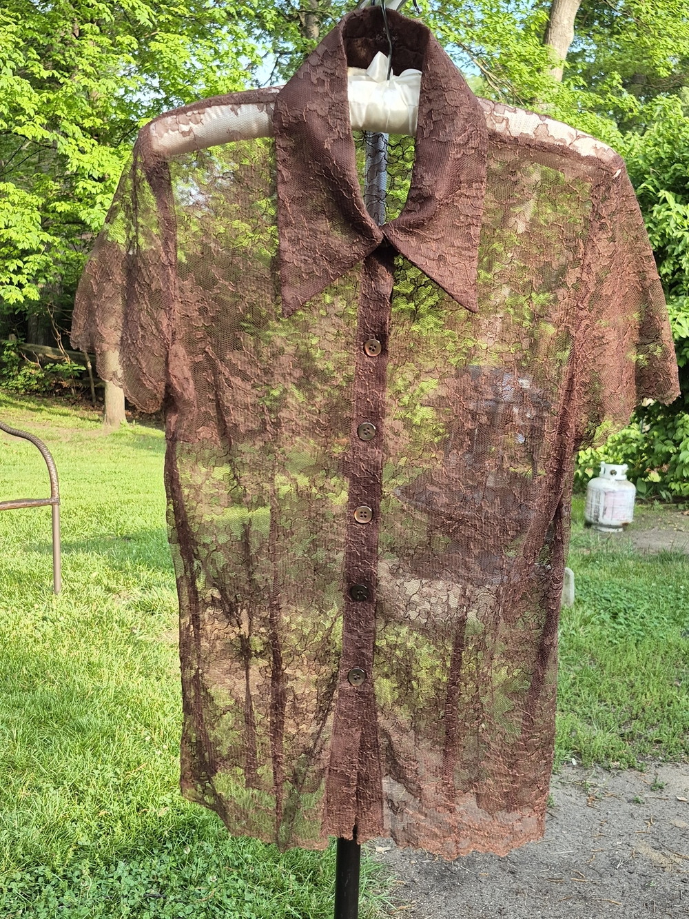 VINTAGE 90's She by Sheri Bodel Lace Short-Sleeve Button-Up Shirt - Brown-L